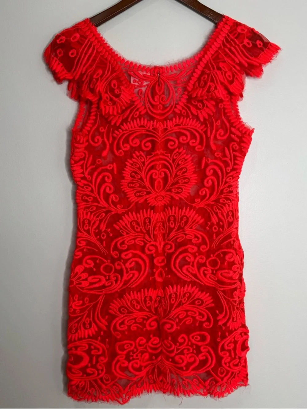 Yoana Baraschi Bright Orange Sheer Lace Mesh Cap Sleeve Mini Dress Size 6 Petite